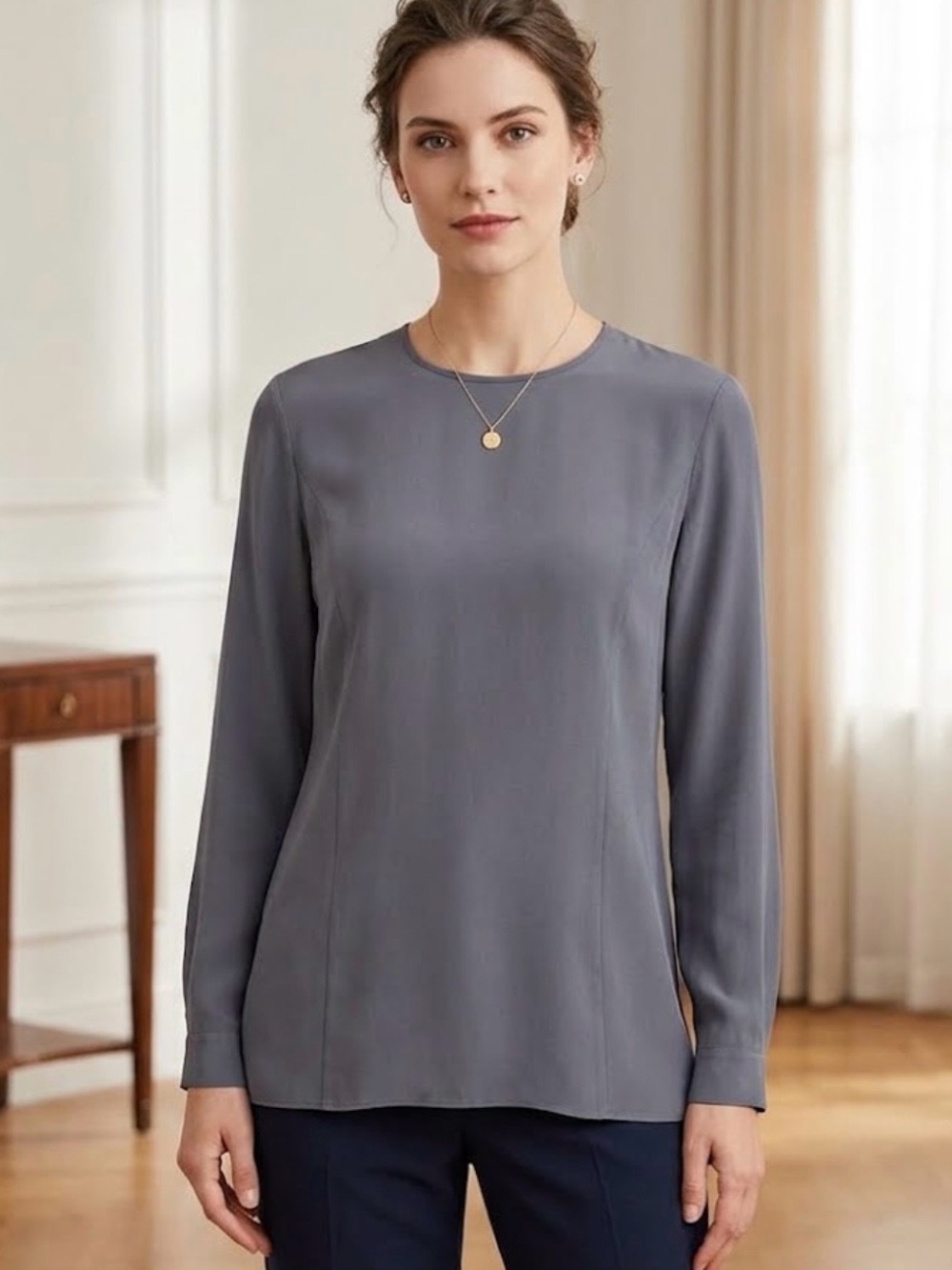 Giorgio Armani Slate Gray Long-Sleeve Crewneck Top size 4 silk